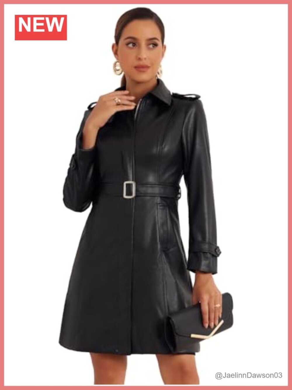 Faux Leather Jacket Women Long Trench Coat Lapel Zip Front Belted